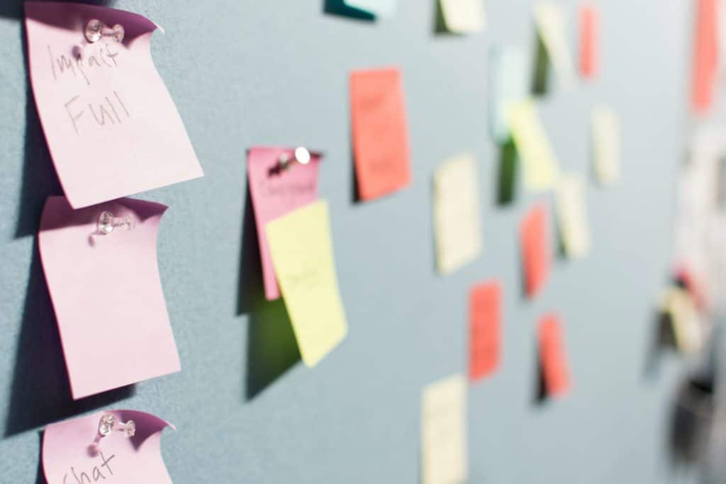 A board full of diagramming sticky notes