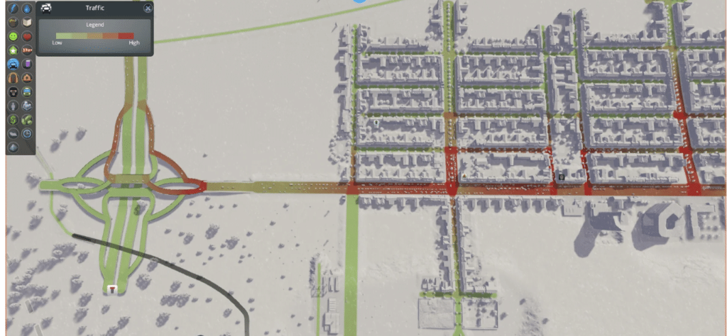 The online game, Cities: Skylines traffic patterns from above